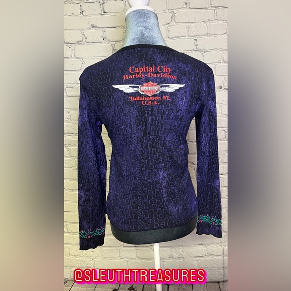 Women’s Harley Davidson Motorcycle Black Purple Blouse Long Sleeve Size M - Picture 6 of 7
